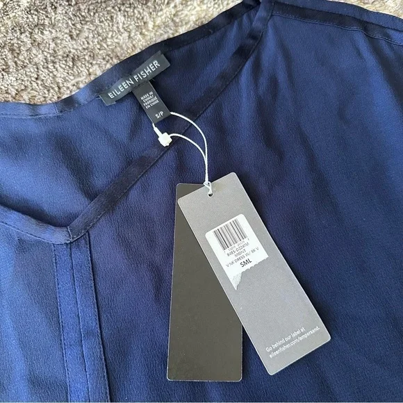 NWT Eileen Fisher 100% Silk V Neck Dress Midnight Navy - Picture 2 of 6